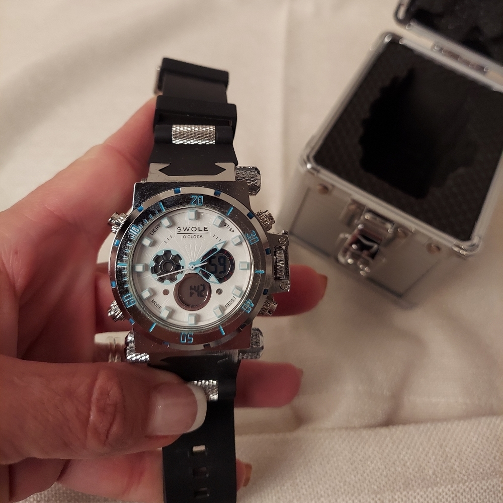 Woman's watch, black band,white face,w/blue accents,  heavy-duty, fitness